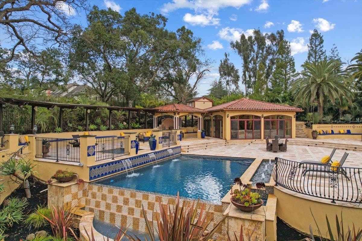 Elegant outdoor patio with pool and dining area